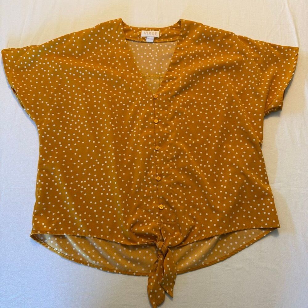 VIXBE Mustard Polka Dot Tie Front Blouse | Dolman Sleeve Top | Size S
